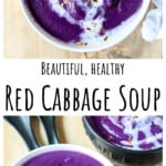 Purple cabbage soup in a black bowl.