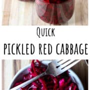 Two glass jars of pickled red cabbage on a wooden counter.