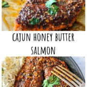 Cajun honey butter salmon on a black plate with a silver fork.