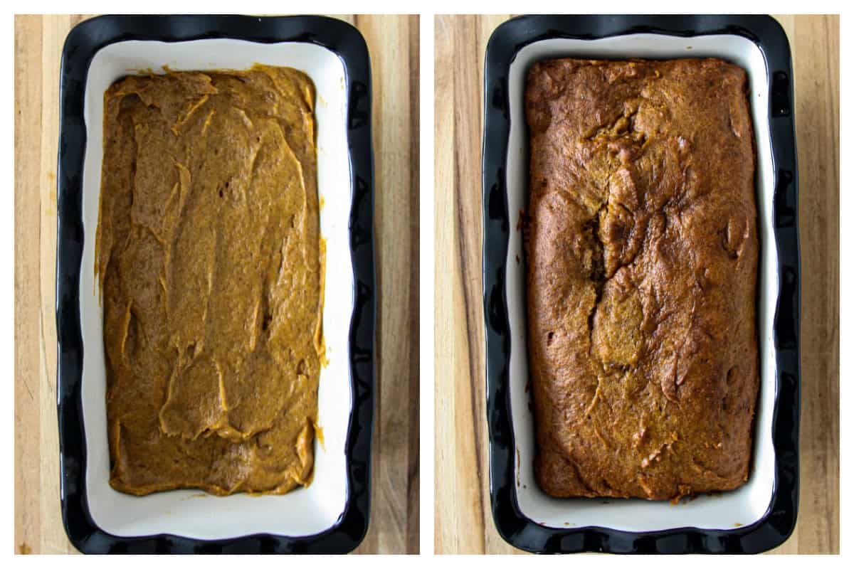Two baking pans side by side, one with unbaked batter, one with baked loaf.