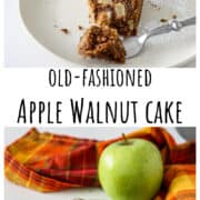 Two slices of apple walnut cake on a black plate and on a white plate.