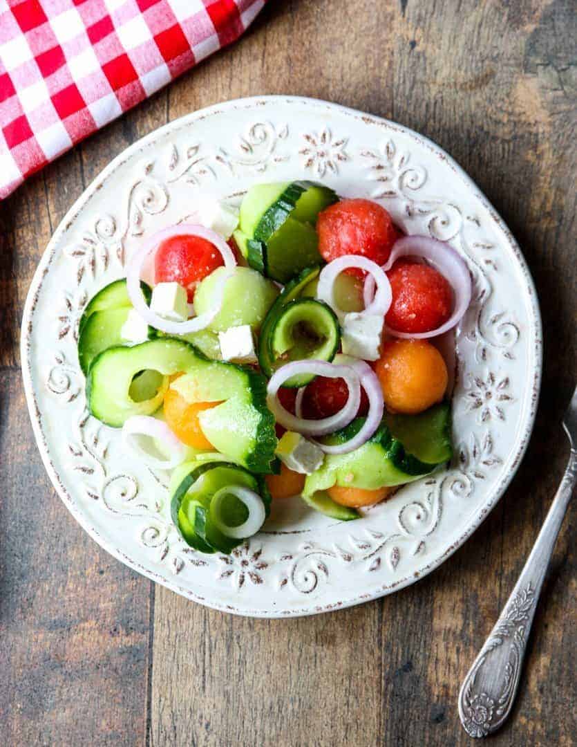 Cucumber Melon Salad with Feta Cheese & Pickled Onion