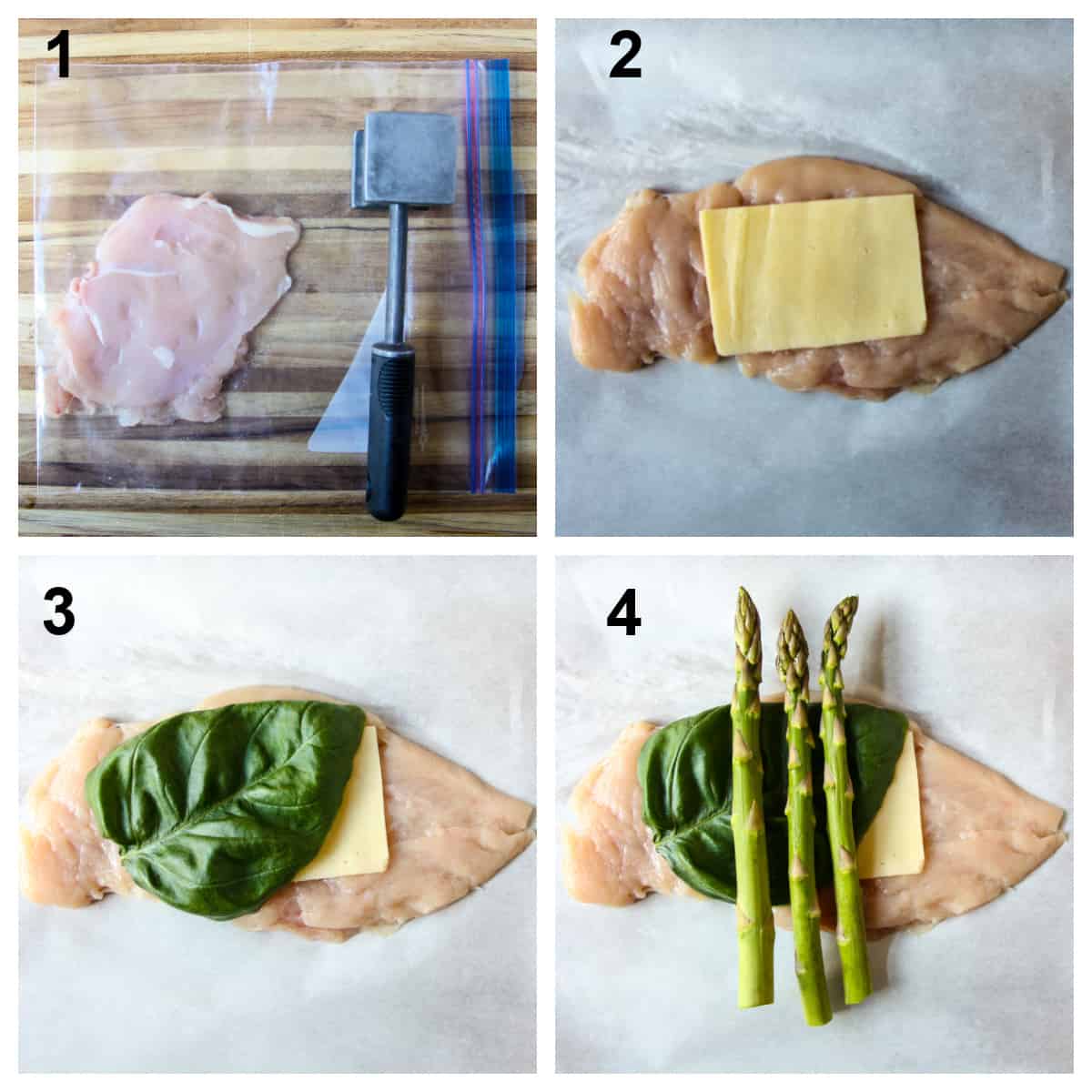The process of stuffing the chicken, step by step.