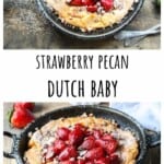 A Dutch baby pancake in a cast iron skillet topped with strawberries.