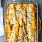 Baking dish of seafood enchiladas