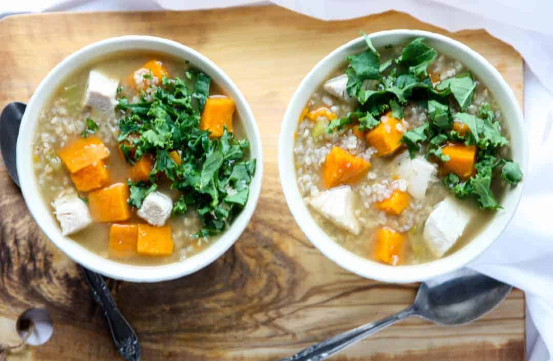 A  bowl of buckwheat soup on a table