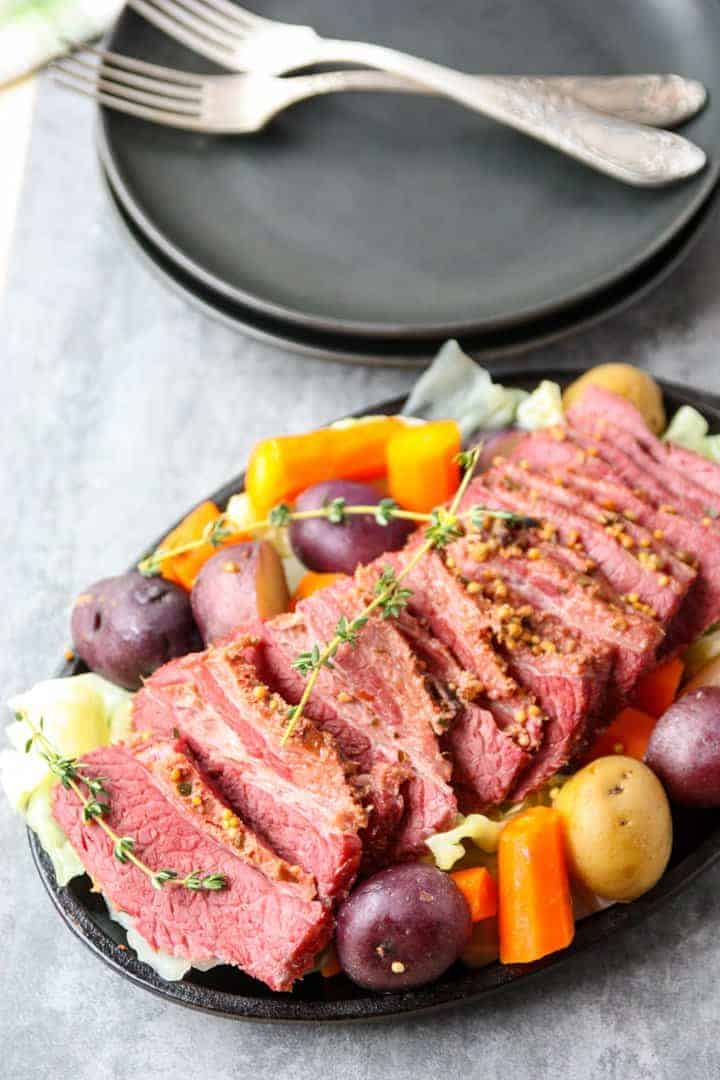 A plate of food, with Corned beef