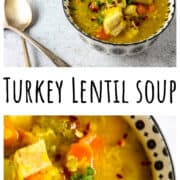 Two bowls of lentil and turkey soup on a marble counter top.