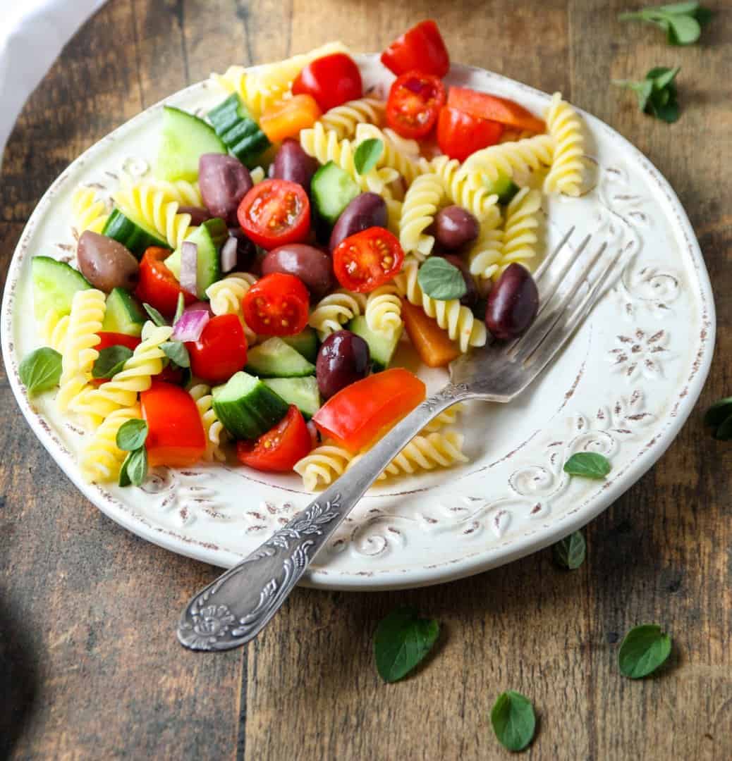 Greek Pasta Salad on a white plate