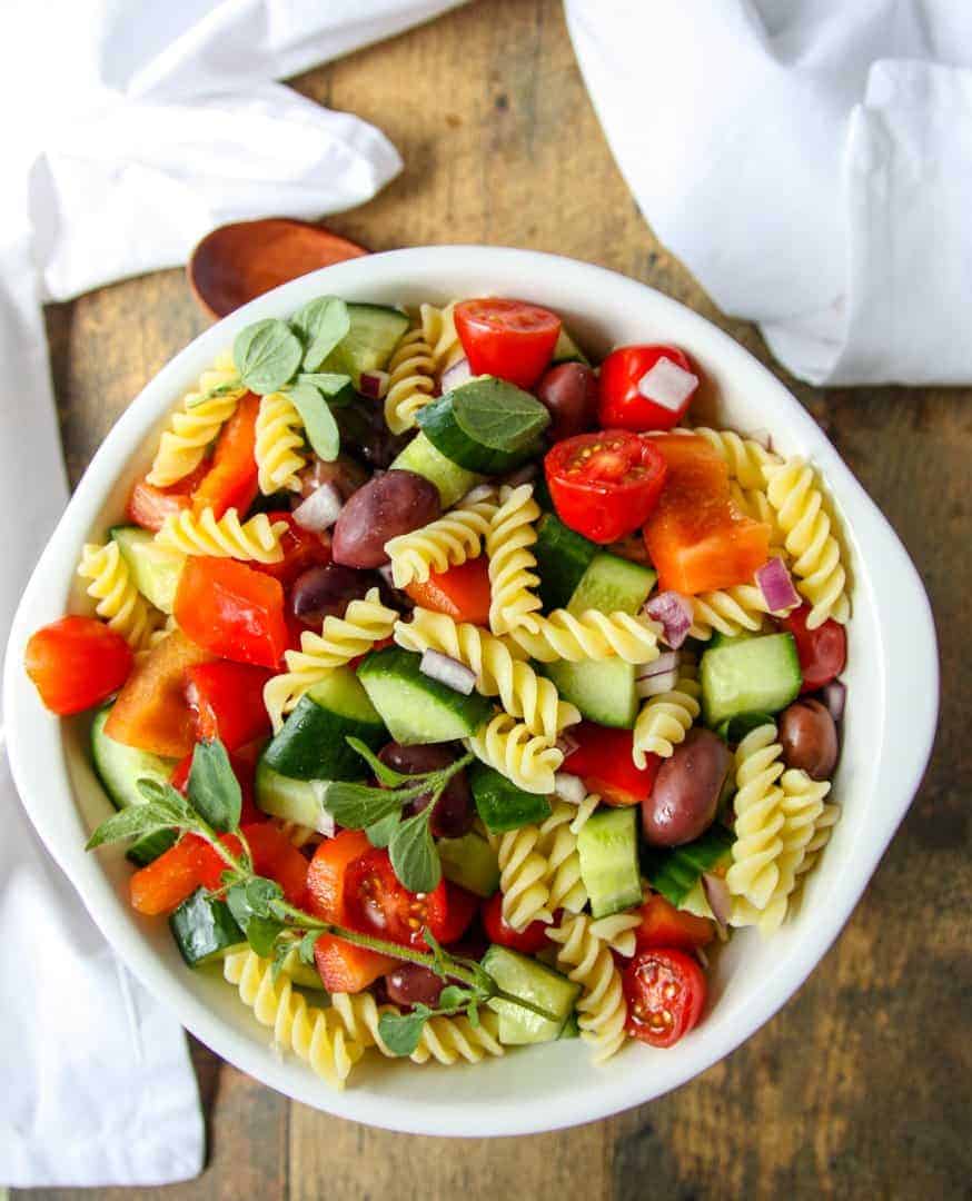 Greek Pasta Salad in a white bowl