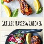 Grilled Harissa Chicken Drumsticks on a baking tray with lemon wedges.