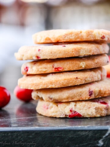 Shortbread Cookies piled in a stack.