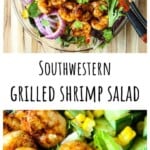 Salad in a bowl topped with grilled shrimp.