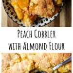 A pan of peach cobbler with a portion removed.