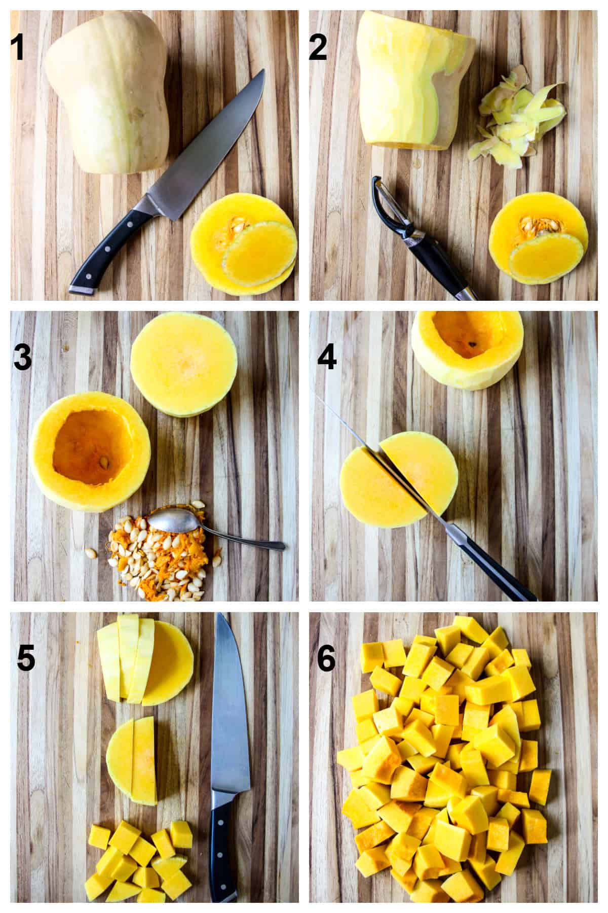 Step by step photos of the process of cutting a butternut squash into cubes.