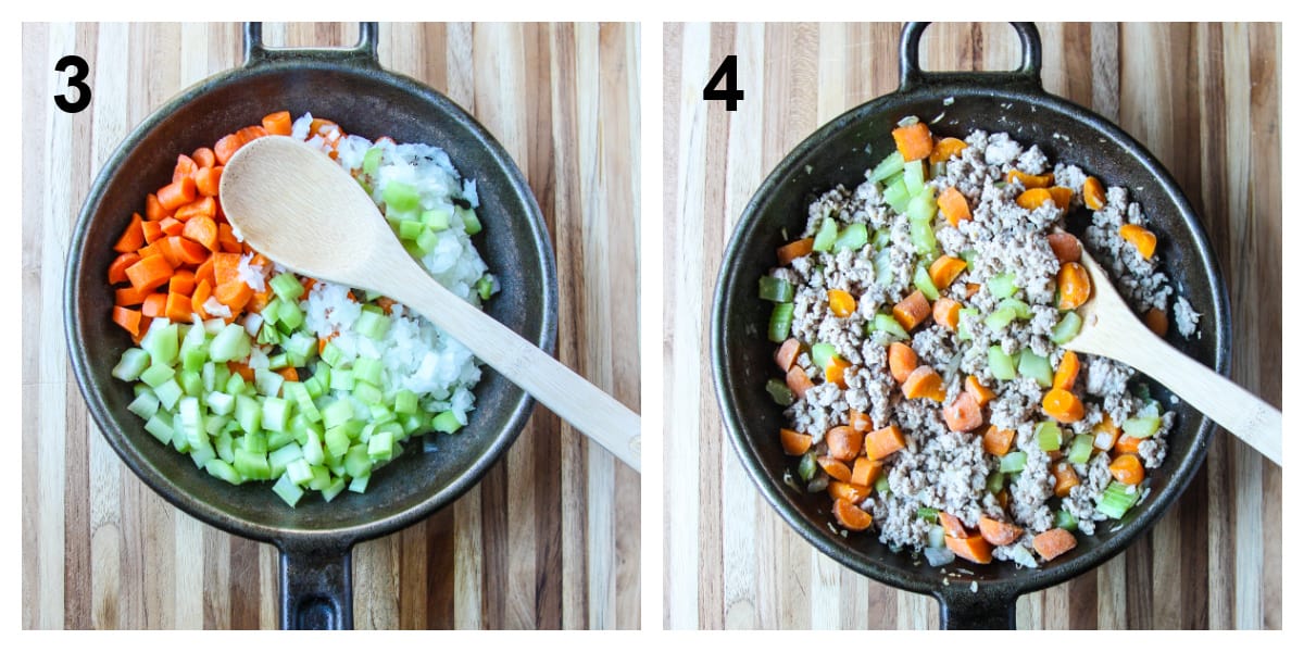 Cooking the vegetables and the ground turkey.
