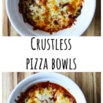Two white bowls with baked pizza toppings covered in melted cheese.