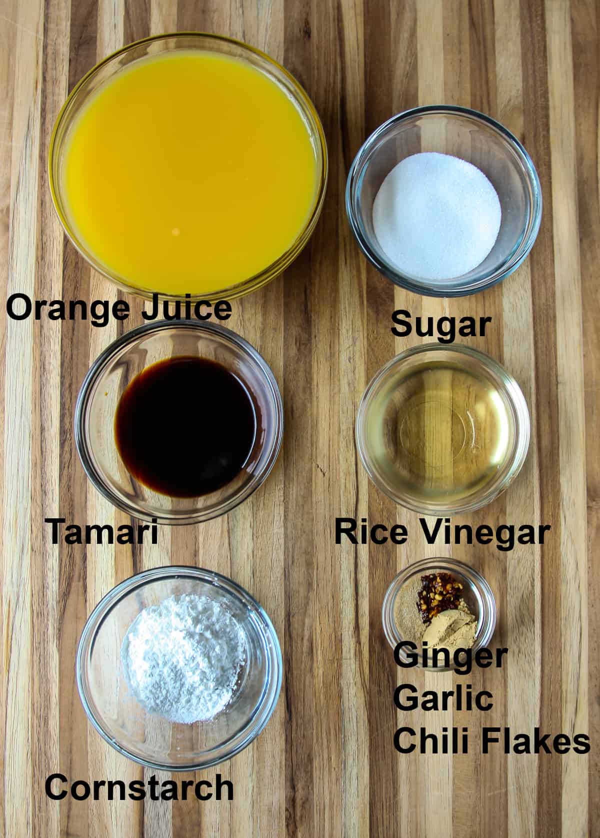 The ingredients to make the orange sauce.