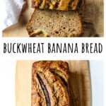 A partially sliced loaf of banana bread on a cutting board.