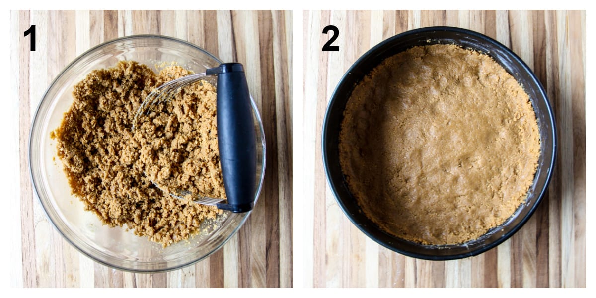 Steps one and two, making the graham crust, then pressing it into the pan.