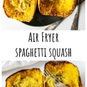 Two halves of air fried spaghetti squash on a black plate.