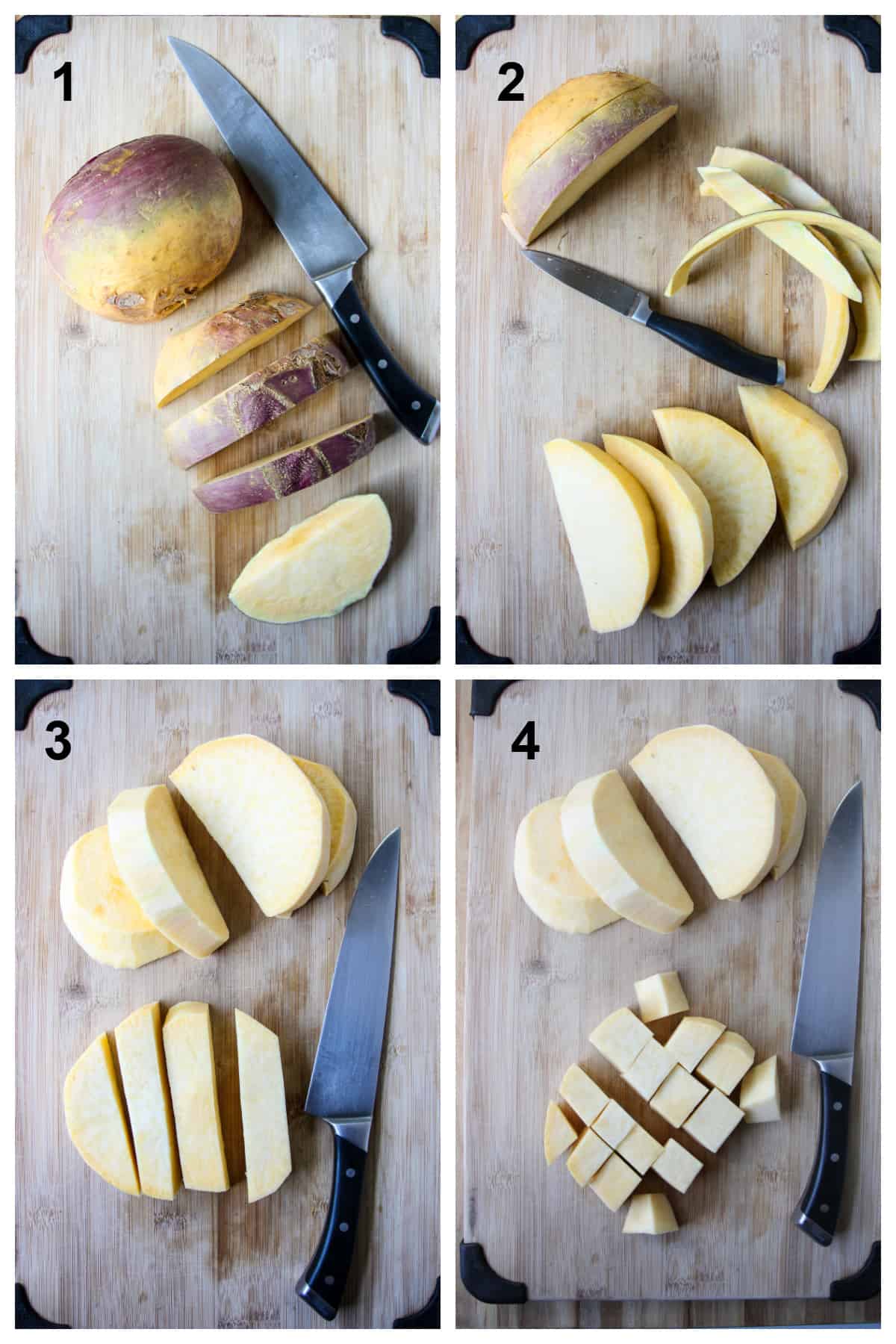 Step by step showing how to cut a rutabaga into cubes.