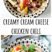 A black and white bowl filled with creamy chicken chili.