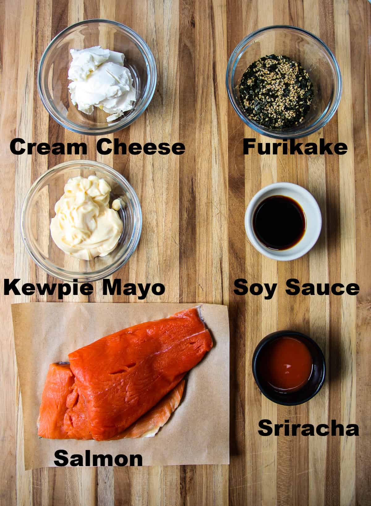 The ingredients for making a salmon sushi bake.