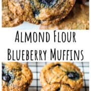 Almond flour blueberry muffins on a wire rack.