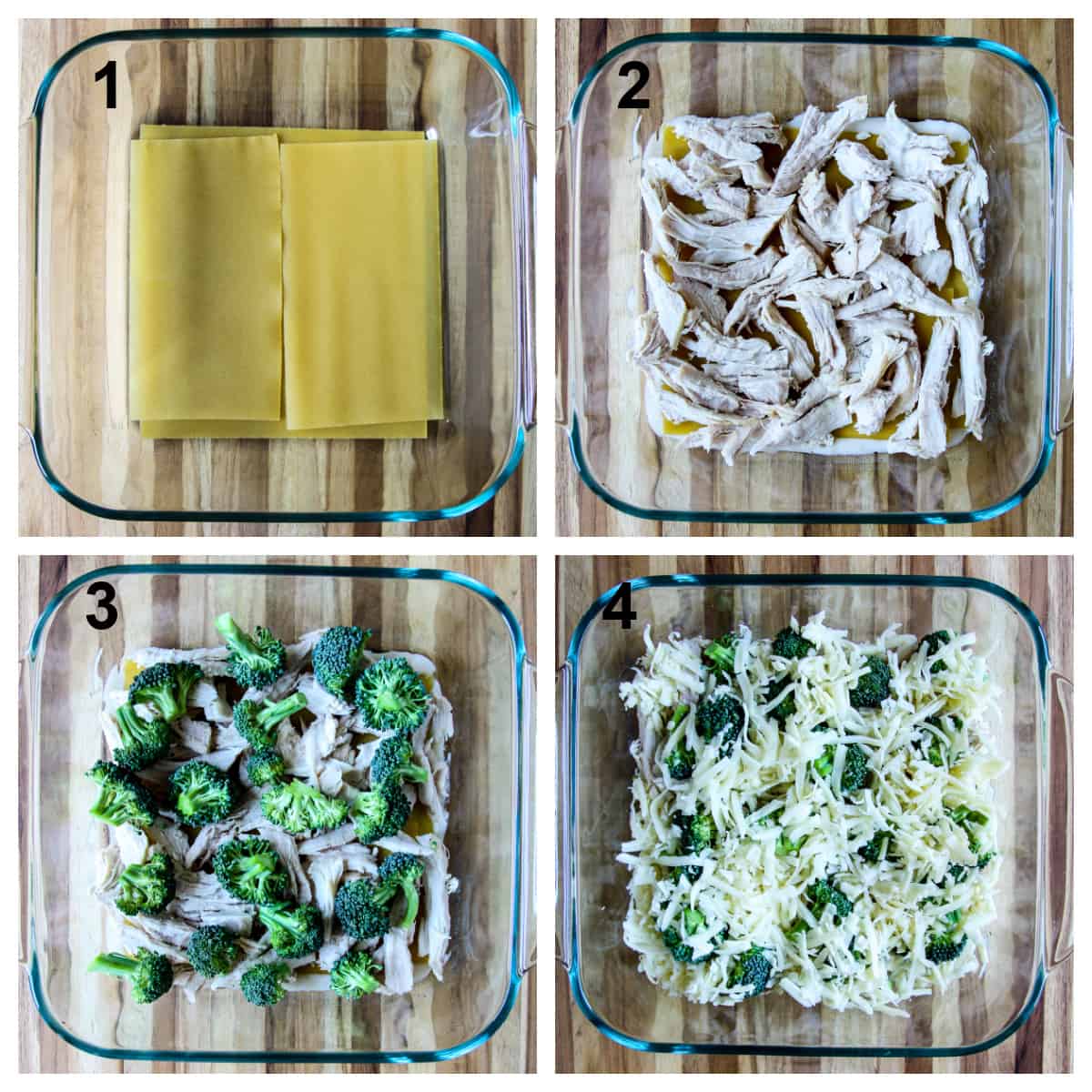 Steps 1 through 4 assembling the lasagna.