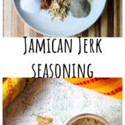 A white plate with all of the individual spices for making Jamaican jerk seasoning.