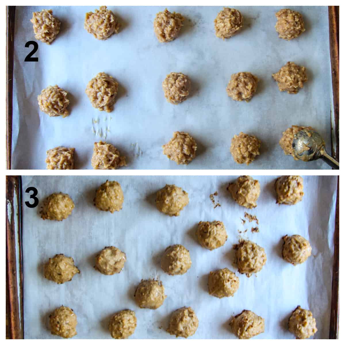 The meatball mixture being scooped into balls and placed on a baking sheet, and the meatballs on the baking sheet after baking.