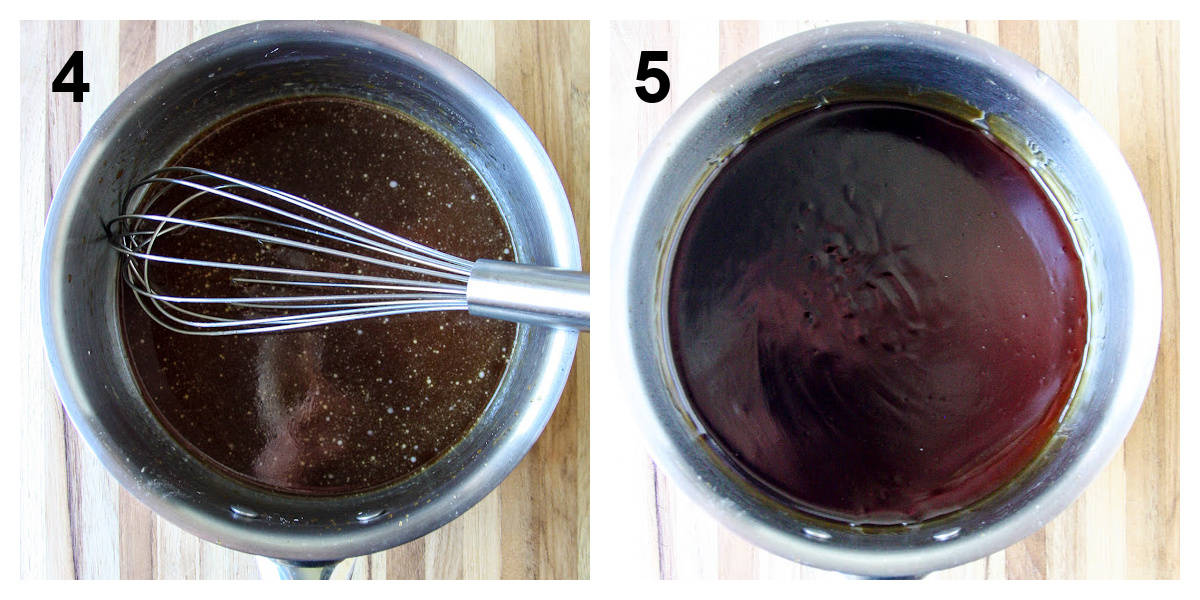 The sauce ingredients being whisked in a saucepan and cooked until thickened.