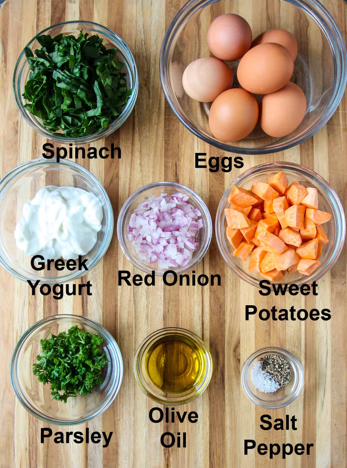 The remainder of the ingredients for this recipe, in glass bowls.