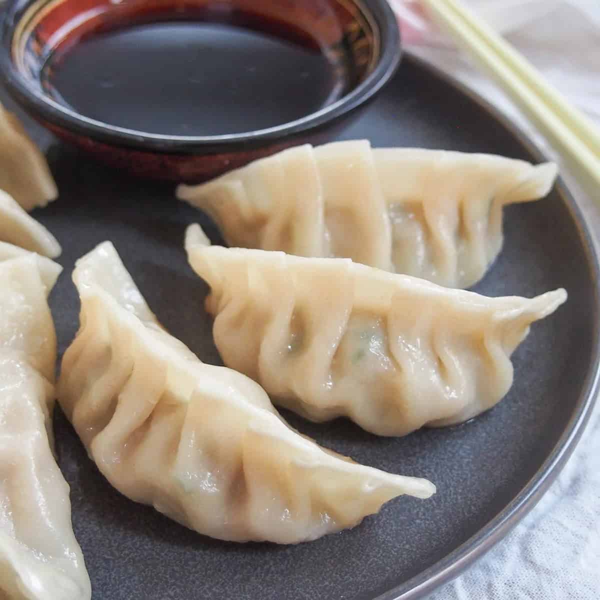 Chinese pork and cabbage dumplings on a black plate.