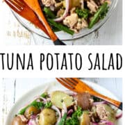 Tuna potato salad in a glass serving bowl.