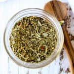 Italian seasoning in a glass jar.
