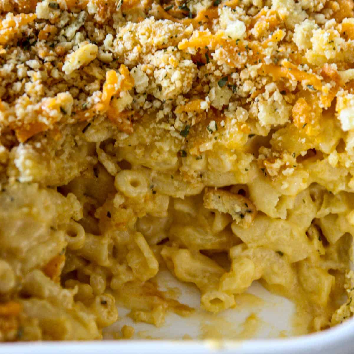 Baked macaroni and cheese in a casserole dish.