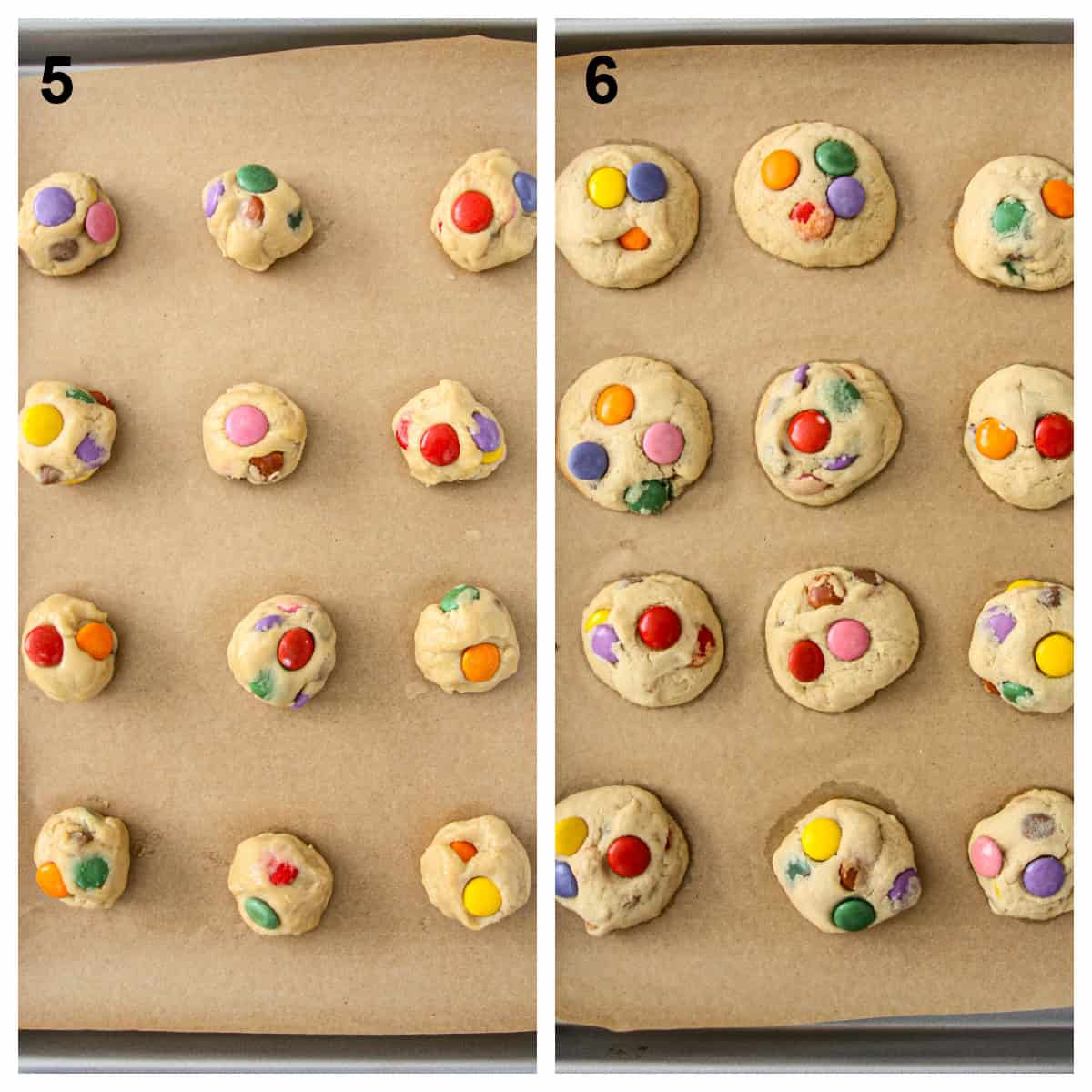 Cookies before and after baking on parchment paper lined baking sheets.