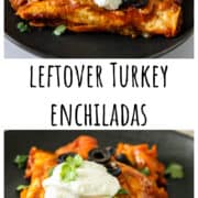 Leftover turkey enchiladas on a black plate.