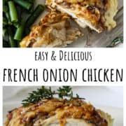 French onion chicken breast on a white plate.