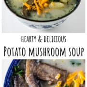 Mushroom and potato soup in a blue bowl.