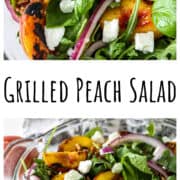 A glass bowl filled with grilled peach salad.